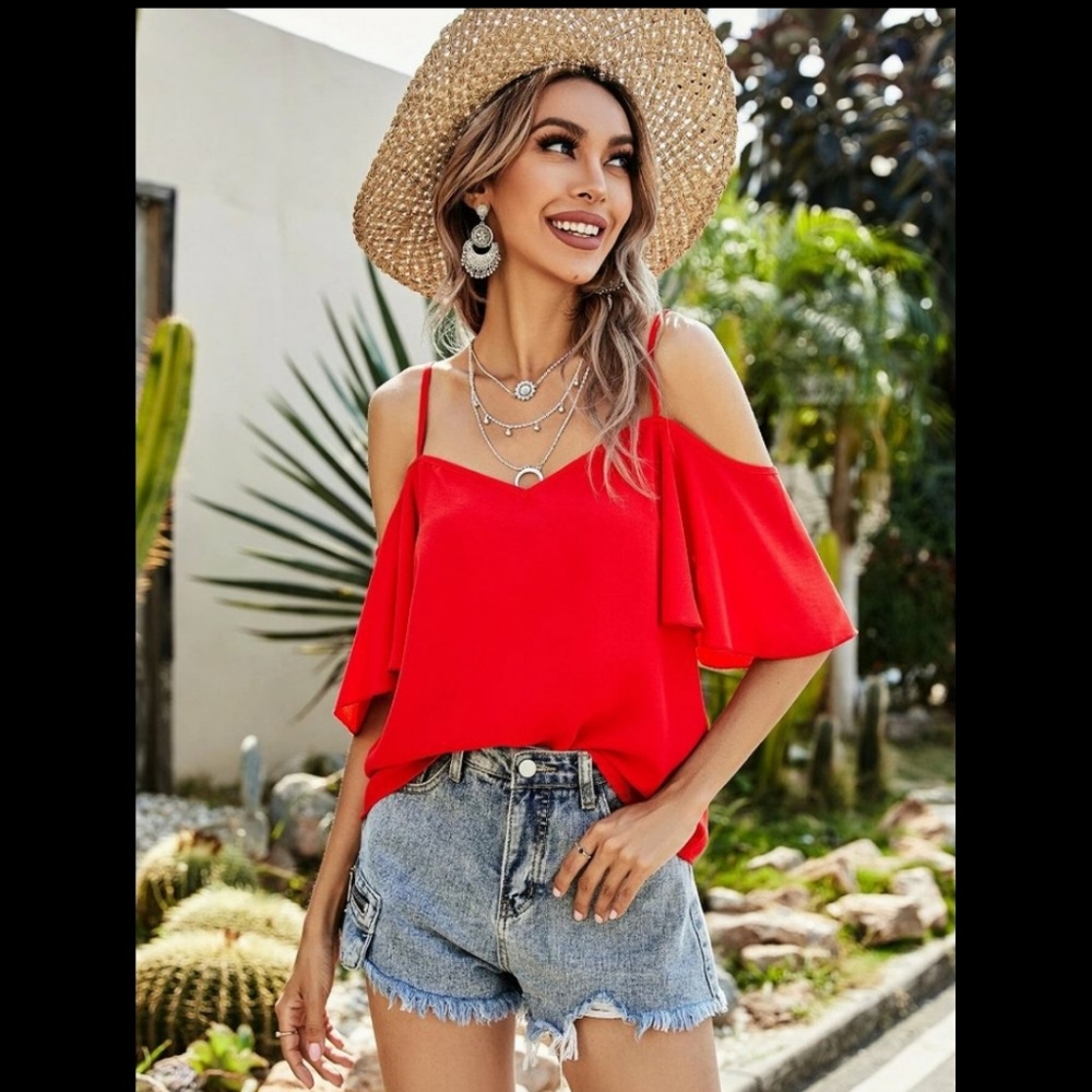 New Sale!!Red Cold Shoulder Blouse